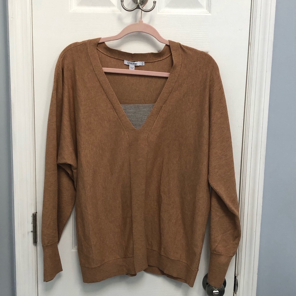 Chico’s 3 Womens Brown Cashmere Blend Sweater V-neck Size XL Camel Minimalist